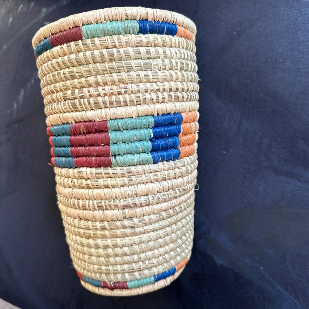pine needle basket multi colored 8.5 in native american BOHO
